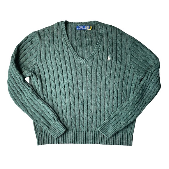Polo Ralph Lauren Sweaters - Polo Ralph Lauren Women's V-Neck Cable Knit Sweater XL Green Cotton Pony Logo